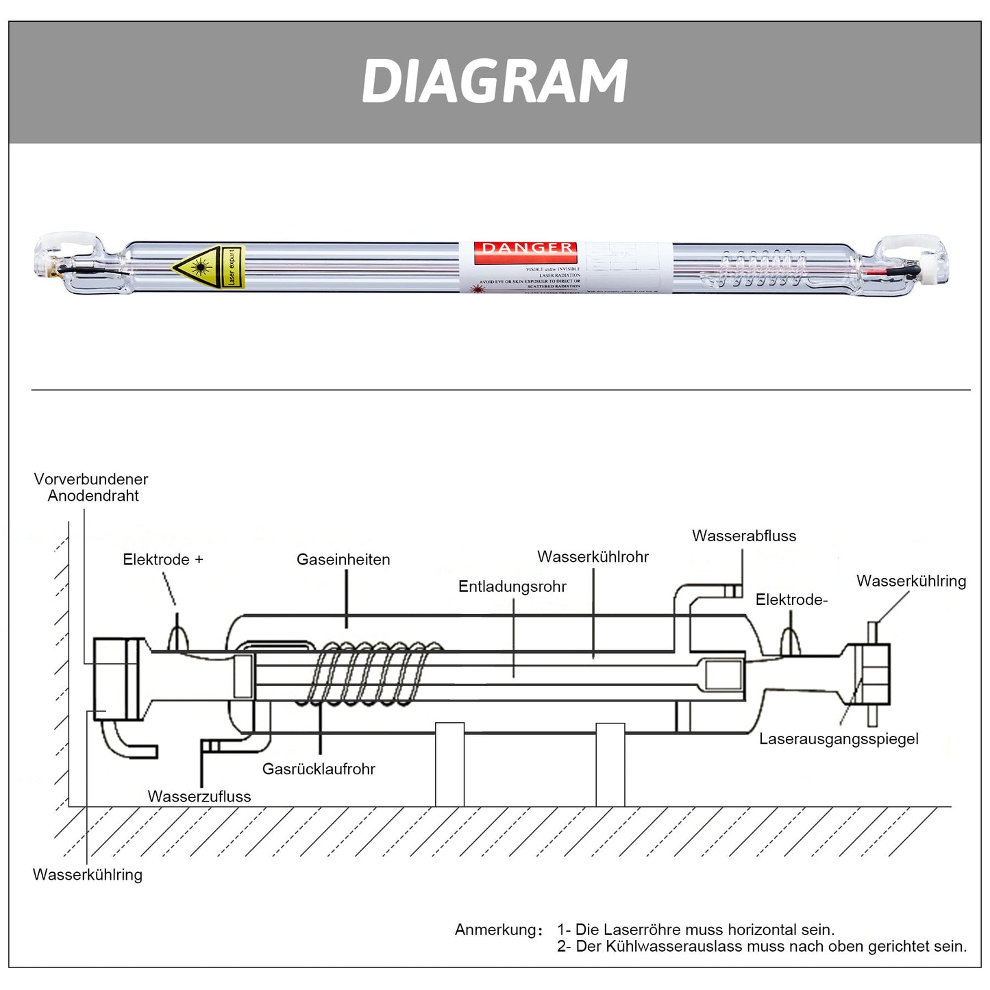 50W CO2 Laserröhre & Laser Tube für Laser Graviermaschinen und Lasercutter | 0350 Laserröhre OMTech Laser