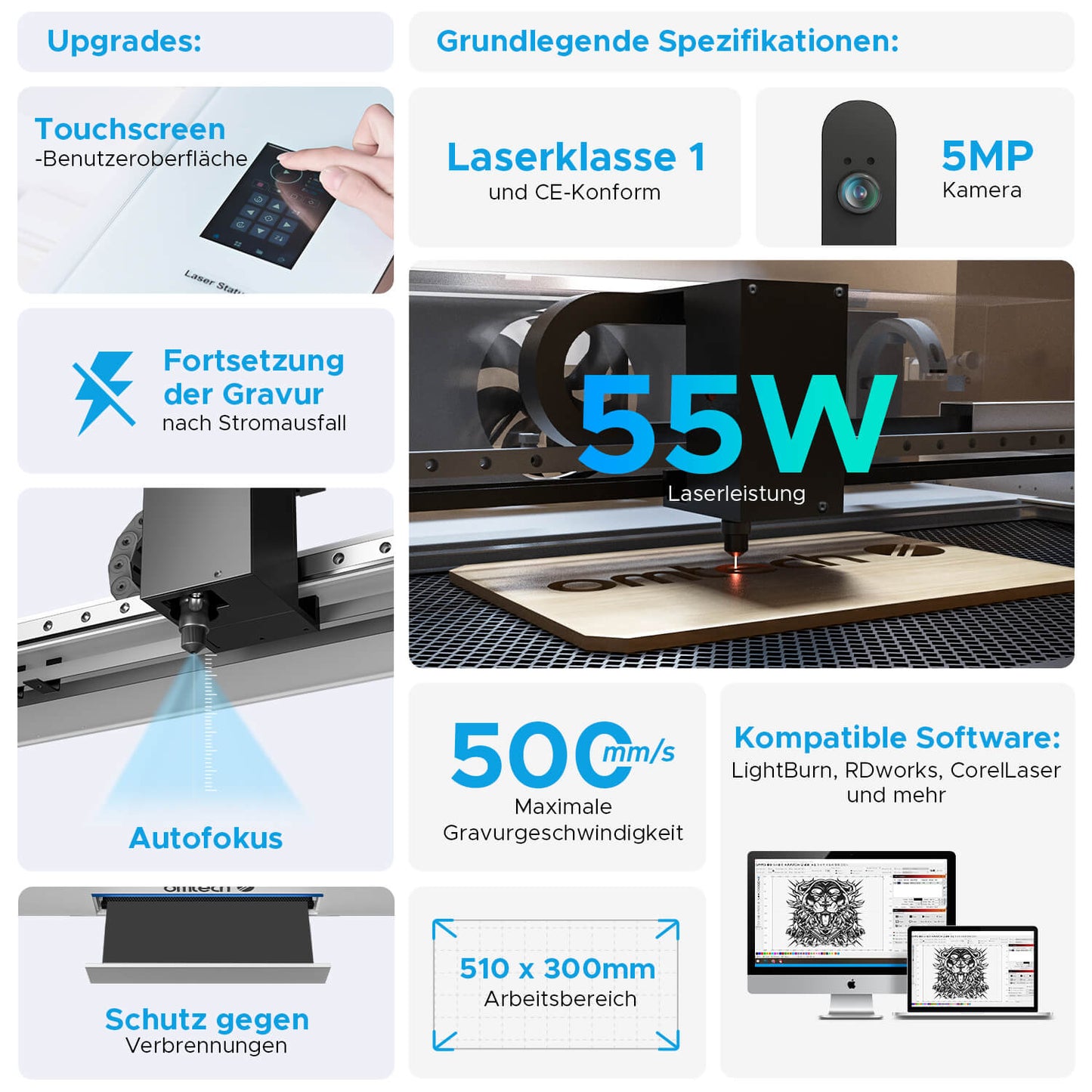 55W Desktop Laser Cutter mit 510x300mm Gravurfläche | Polar Plus CO2 Laser Graviermaschine & Cutter OMTech Laser