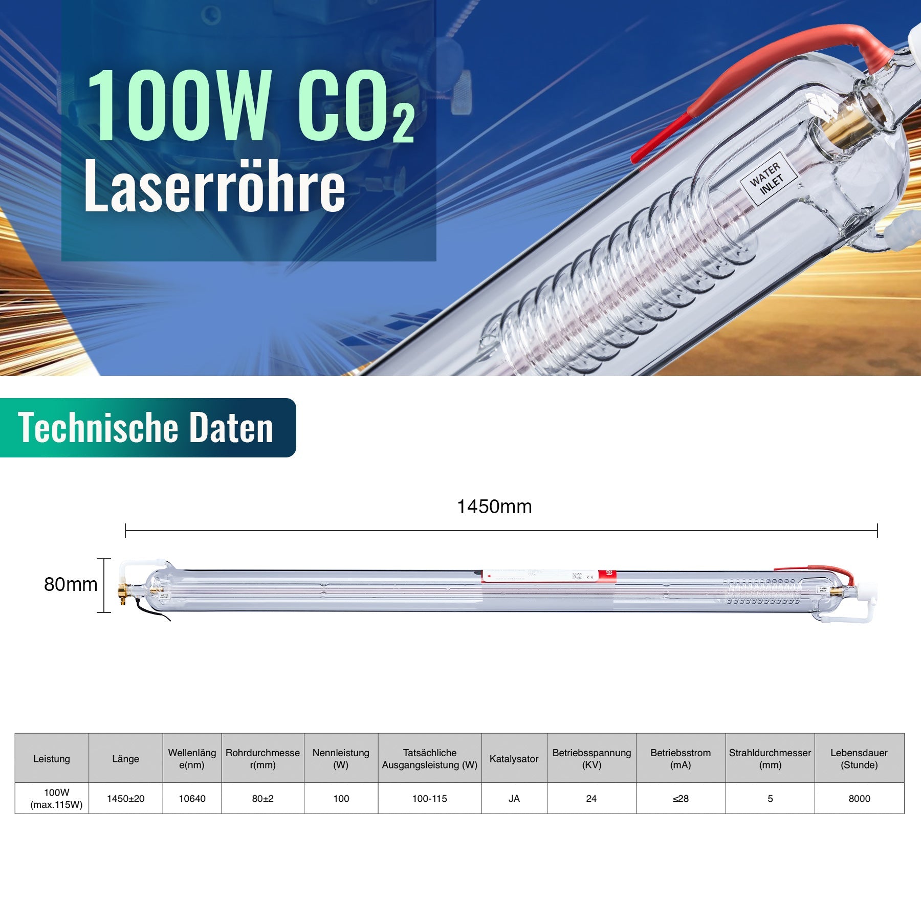 100W CO2 Laserröhre & Laser Tube für Laser Graviermaschinen und Lasercutter | 0100 CO2 Laserröhre OMTech Laser   