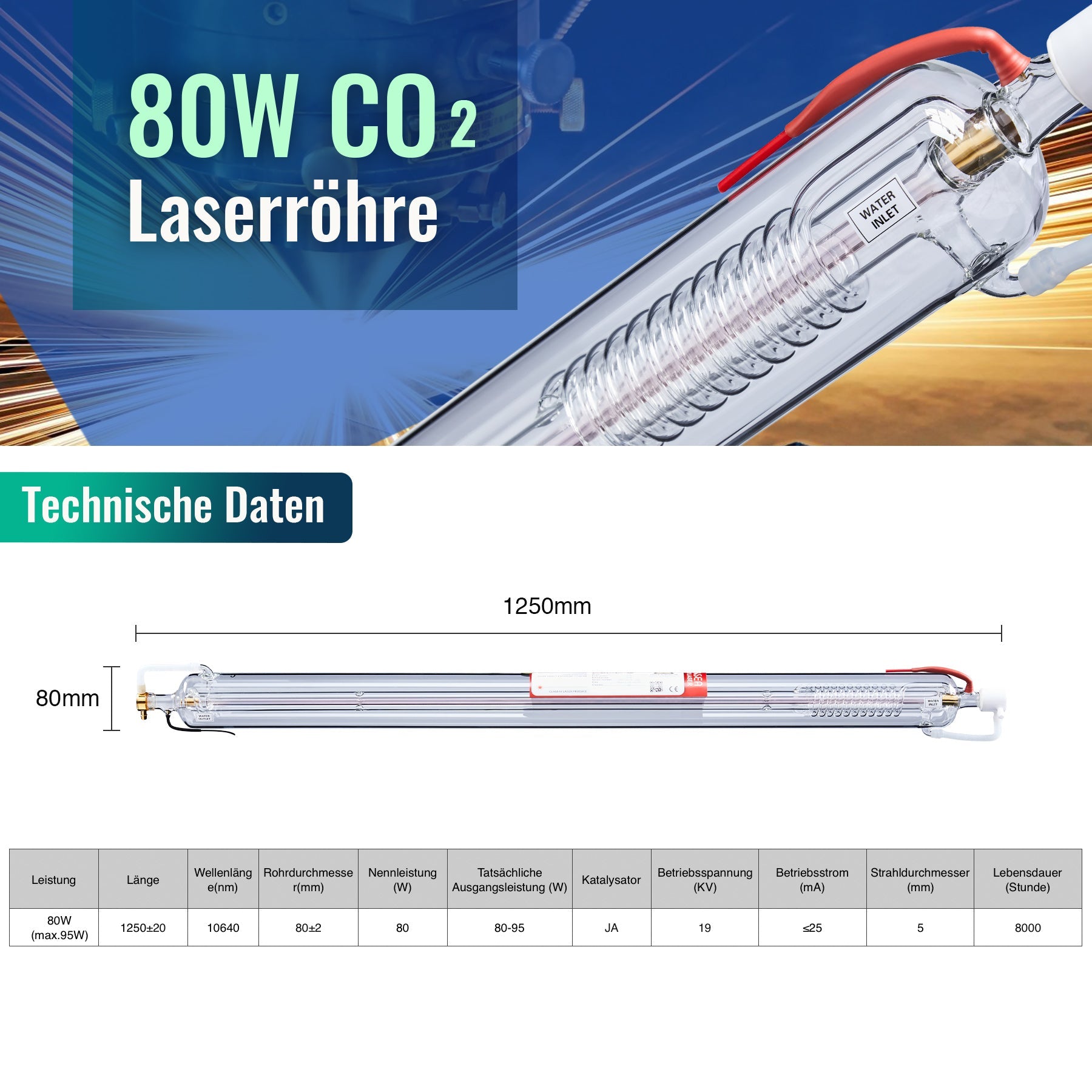 80W CO2 Laserröhre & Laser Tube für Laser Graviermaschinen und Lasercutter | 0080 Laserröhre OMTech Laser   