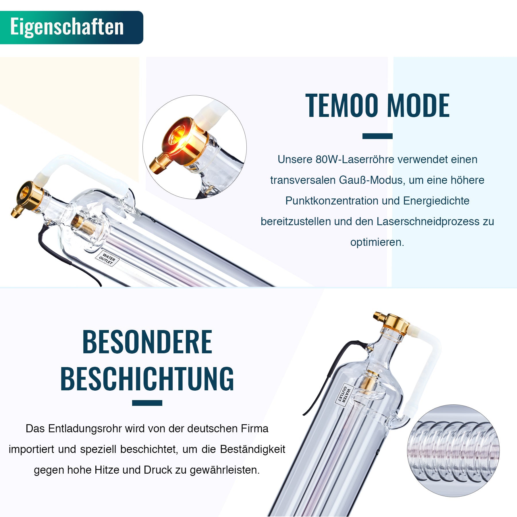 80W CO2 Laserröhre & Laser Tube für Laser Graviermaschinen und Lasercutter | 0080 Laserröhre OMTech Laser   