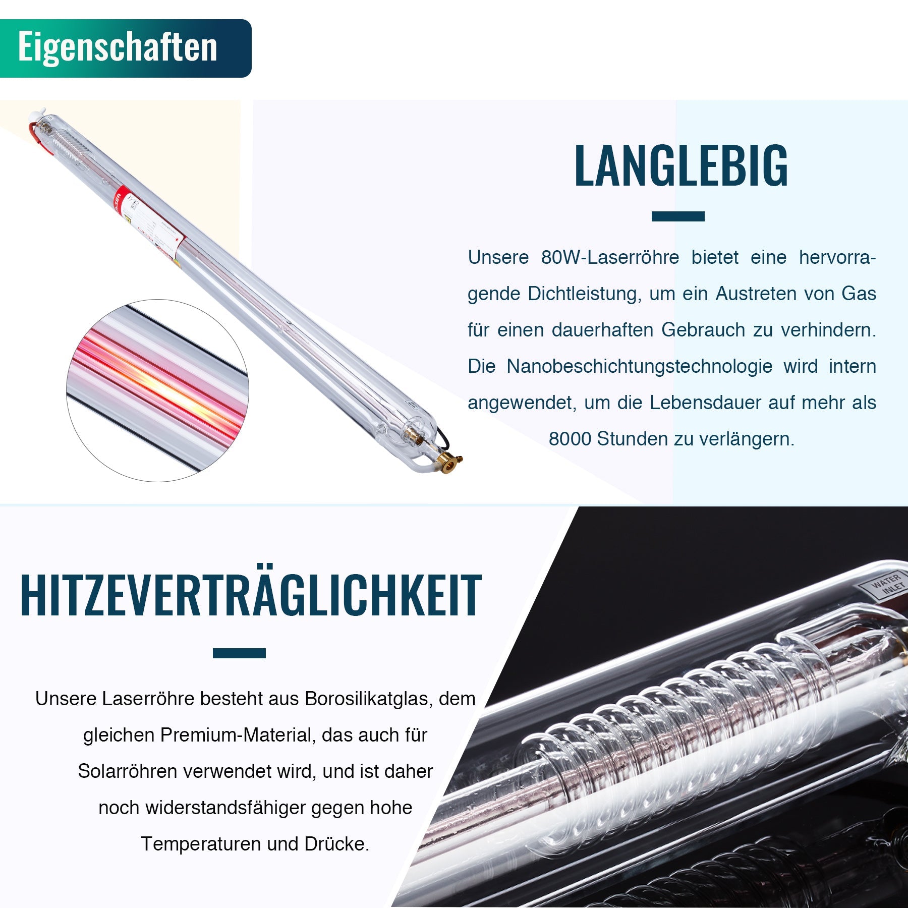 80W CO2 Laserröhre & Laser Tube für Laser Graviermaschinen und Lasercutter | 0080 Laserröhre OMTech Laser   