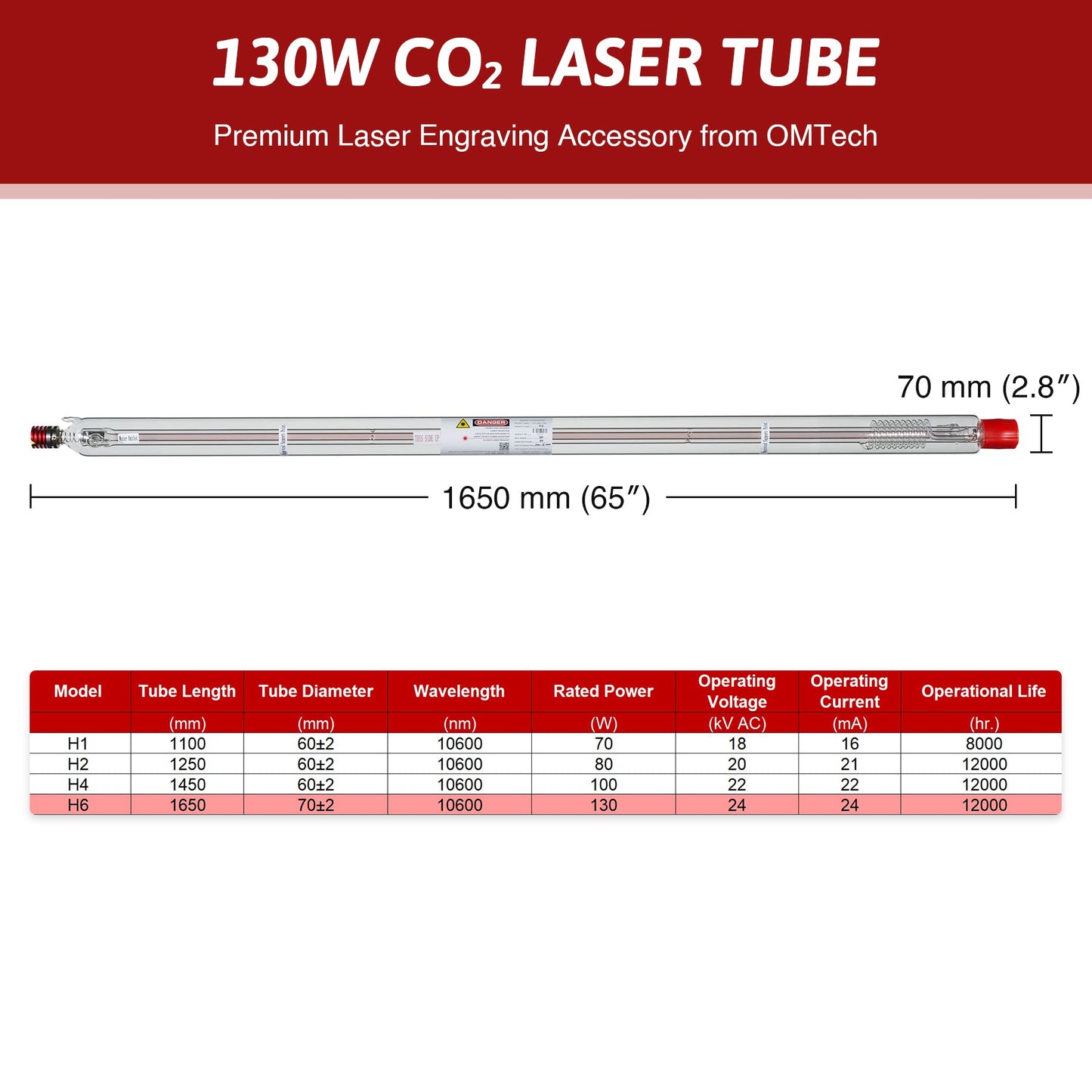130W CO2 Laserröhre & Laser Tube für Laser Graviermaschinen und Lasercutter | YL-130 Laserröhre OMTech Laser   
