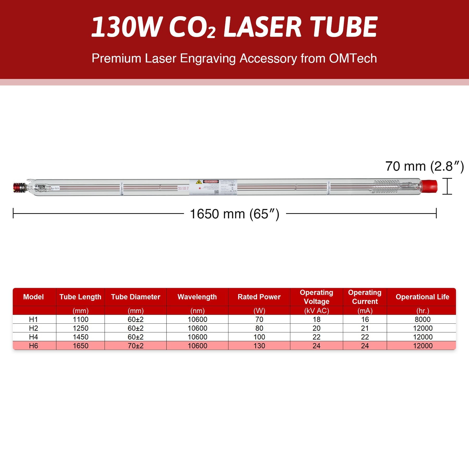 130W CO2 Laserröhre & Laser Tube für Laser Graviermaschinen und Lasercutter | YL-130 Laserröhre OMTech Laser   