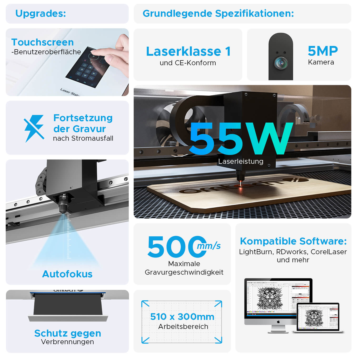 55W Desktop Laser Cutter mit 510x300mm Gravurfläche | Polar Plus CO2 Laser Graviermaschine & Cutter OMTech Laser   