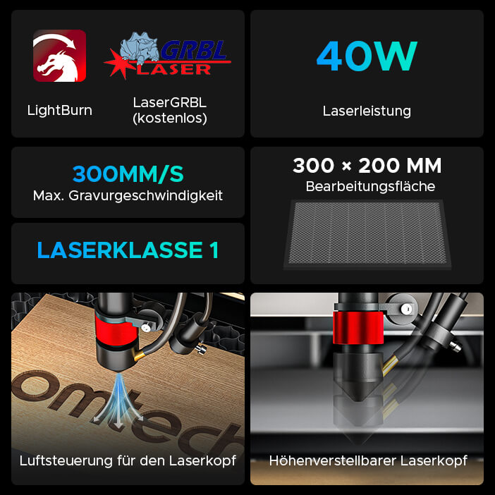 40W Desktop Laser Graviermaschine & Cutter mit 300x200mm Gravurfläche | K40 Plus CO2 Laser Graviermaschine & Cutter OMTech Laser   