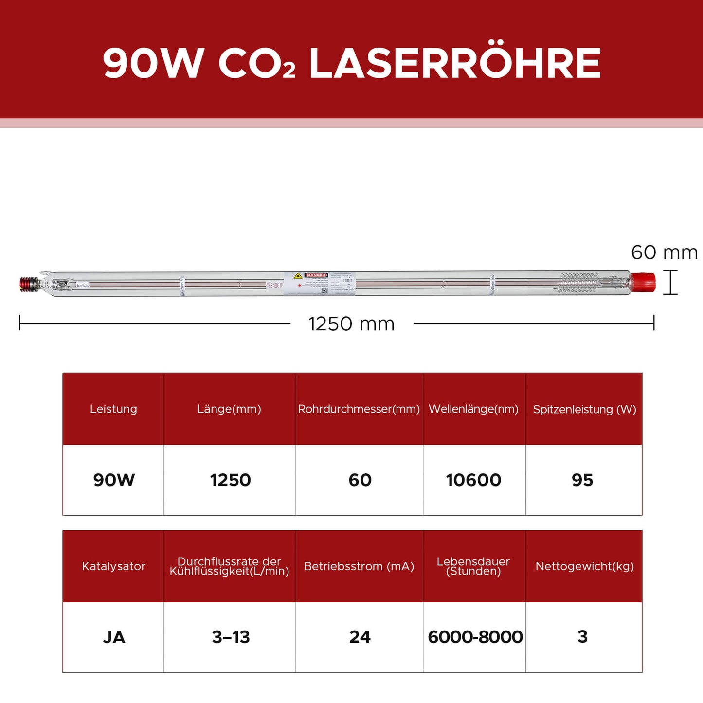 90W CO2 Laserröhre für Laser Graviermaschinen & Cutter| YL-90